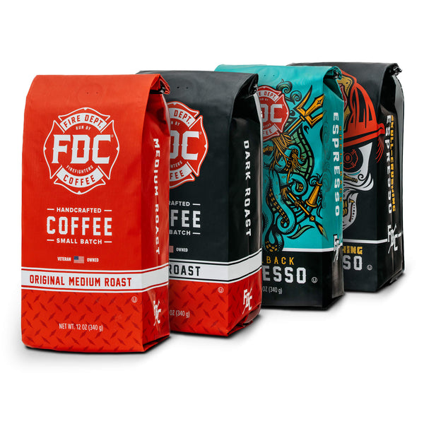 4 bags of Fire Department Coffee that includes the Original Medium Roast, Dark Roast, Shellback Espresso, and Skull Crushing Espresso.