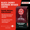 A bag of Black Cherry Bourbon Infused Coffee. Text reads, "Black Cherry Bourbon Infused Coffee. Smooth, Delicious, & Non-Alcoholic. Zero Sugar. Made with premium bourbon and natural flavors of tart and juicy black cherries. Your support fuels our mission to give back to sick and injured firefighters" There is a slider indicating a high level of smoothness.