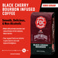 A bag of Black Cherry Bourbon Infused Coffee. Text reads, ”Black Cherry Bourbon Infused Coffee. Smooth, Delicious, & Non-Alcoholic. Zero Sugar. Made with premium bourbon and natural flavors of tart and juicy black cherries. Your support fuels our mission to give back to sick and injured firefighters” There is a slider indicating a high level of smoothness.