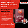 A box of Black Cherry Bourbon Infused Coffee Pods. Text reads, "Black Cherry Bourbon Infused Coffee. Smooth, Delicious, & Non-Alcoholic. Zero Sugar. Made with premium bourbon nd natural flavors of tart and juicy black cherries. Your support fuels our mission to give back to sick and injured firefighters" There is a slider indicating a high level of smoothness.