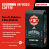 A bag of Bourbon Infused Coffee. Text reads, "Bourbon Infused Coffee. Smooth, Delicious, & Non-Alcoholic. Zero Sugar. Made with premium bourbon with subtle notes of spiced orange and vanilla in every sip. Your support fuels our mission to give back to sick and injured firefighters" There is a slider indicating a high level of smoothness.