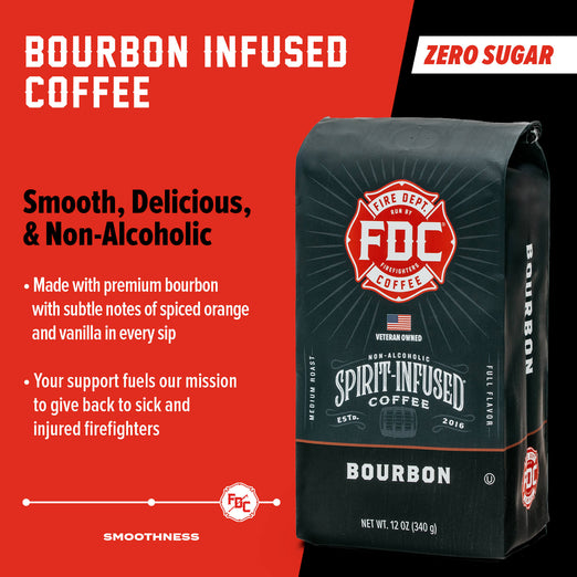 A bag of Bourbon Infused Coffee. Text reads, ”Bourbon Infused Coffee. Smooth, Delicious, & Non-Alcoholic. Zero Sugar. Made with premium bourbon with subtle notes of spiced orange and vanilla in every sip. Your support fuels our mission to give back to sick and injured firefighters” There is a slider indicating a high level of smoothness.