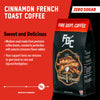 A bag of Cinnamon French Toast Coffee. Text reads, "Cinnamon French Toast Coffee. Sweet and delicious. Zero Sugar. Medium roast made from premium coffee beans, roasted to perfection with natural cinnamon flavor added. Your support fuels our mission to give back to sick and injured firefighters" There is a slider indicating a high level of smoothness.