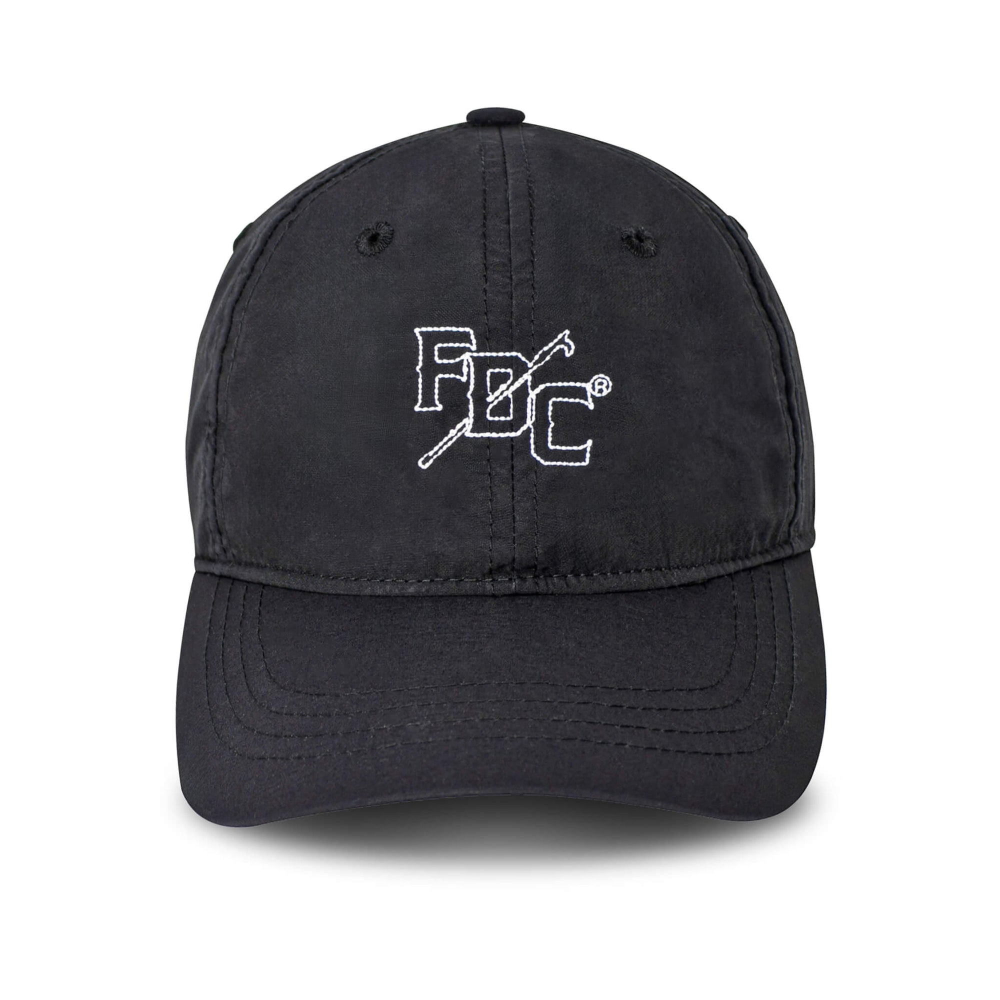 A 3/4 view of the Black FDC Pike Pole Dad Hat, made from black nylon and features a sleek white outline stitching of our iconic FDC Pike Pole logo.