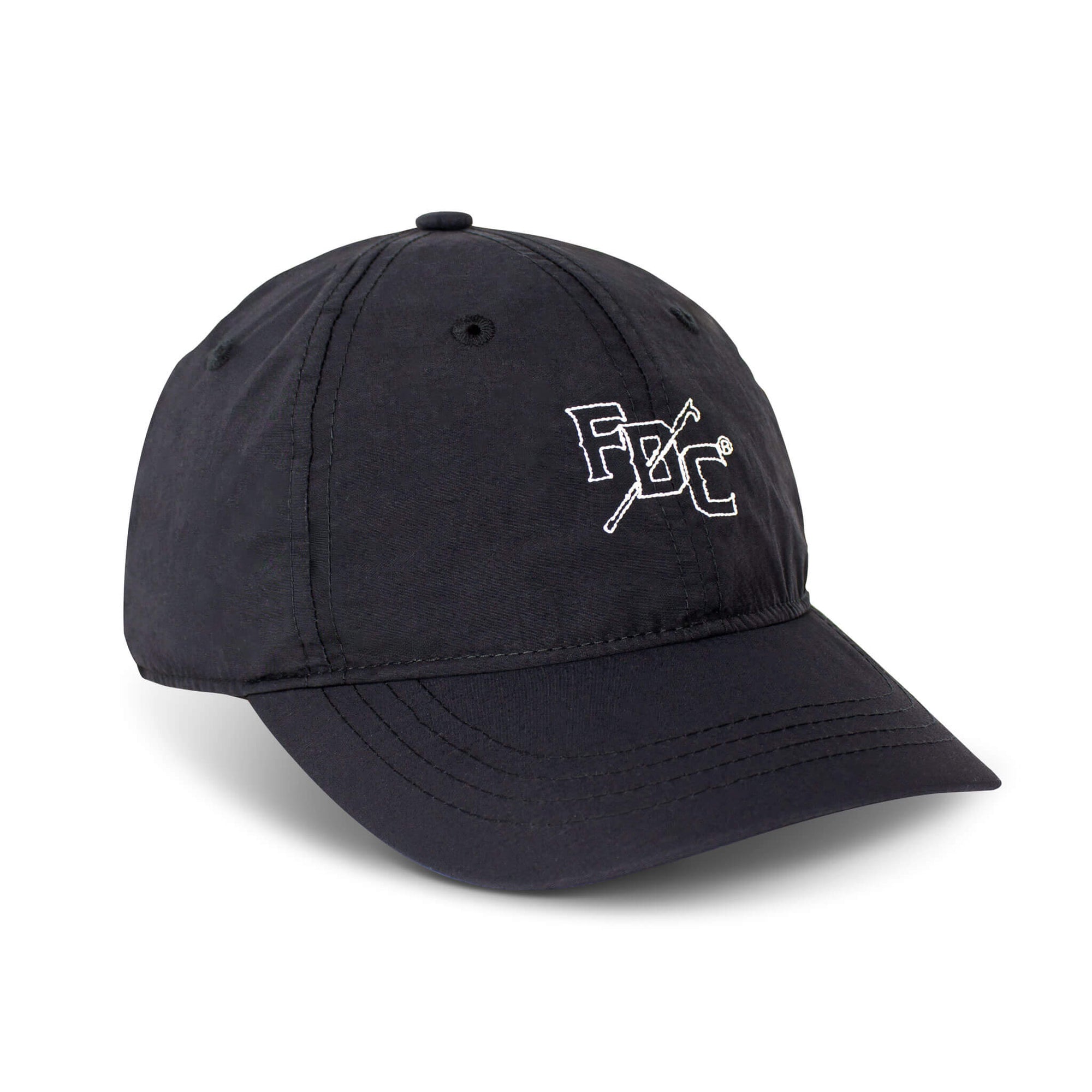 A 3/4 view of the Black FDC Pike Pole Dad Hat, made from black nylon and features a sleek white outline stitching of our iconic FDC Pike Pole logo.