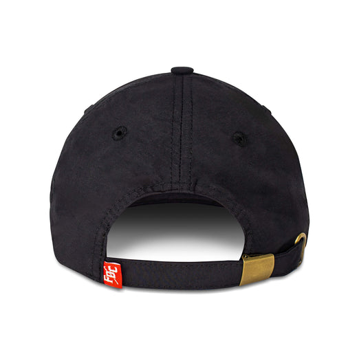 A rear view of the Black FDC Pike Pole Dad Hat, made from black nylon and a brass closure.