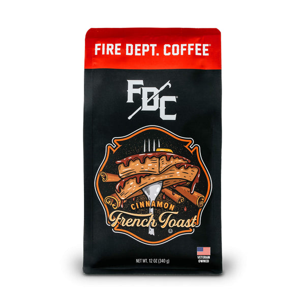 A 12 oz bag of Cinnamon French Toast Coffee from Fire Department Coffee.