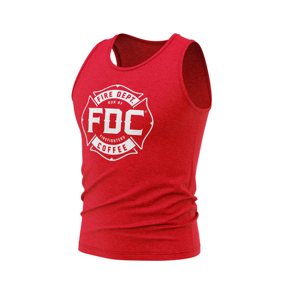 The Fire Department Coffee Red Tank Top featuring a white FDC maltese cross on a red garment.