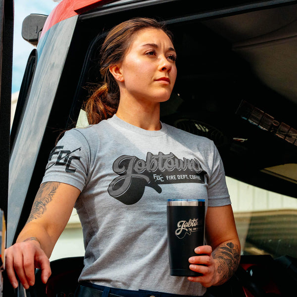 A grey t-shirt that reads, "Jobtown Fire Dept. Coffee" 