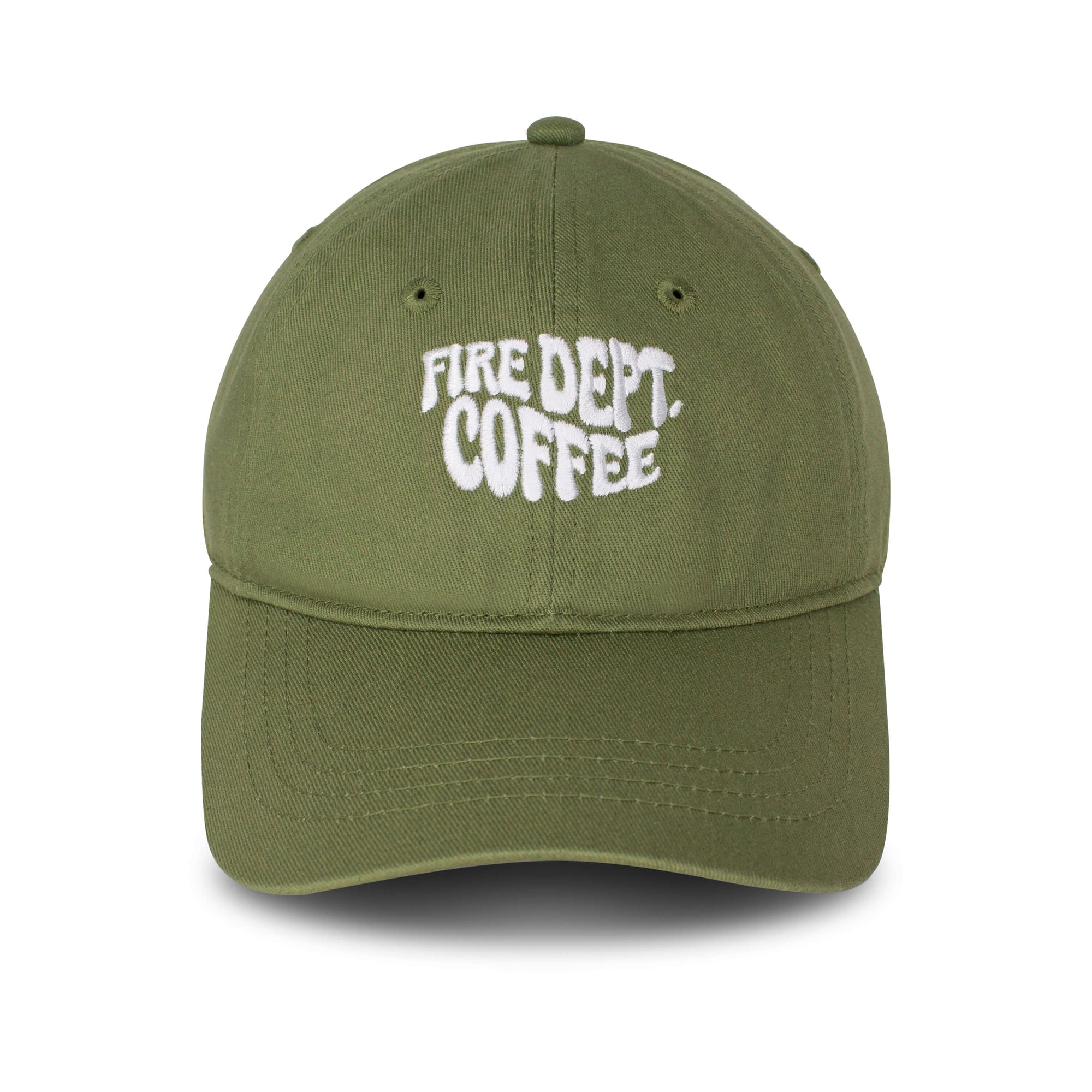 A 3/4 view of the FDC Military Green Groovy Dad Hat, featuring white stitching of Fire Dept. Coffee in a groovy font. 