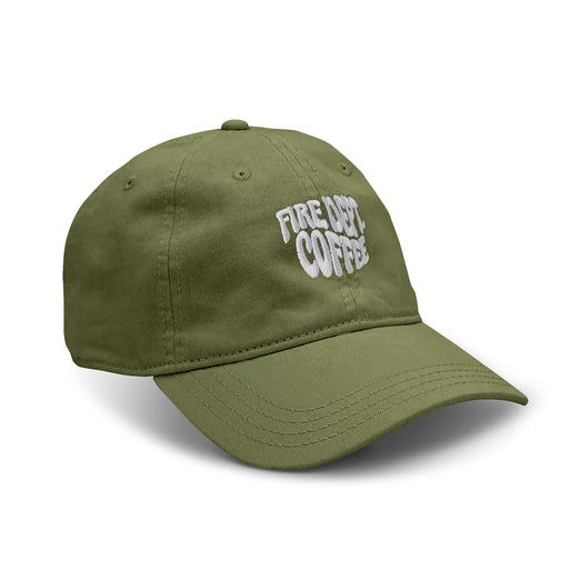 A 3/4 view of the FDC Military Green Groovy Dad Hat, featuring white stitching of Fire Dept. Coffee in a groovy font. 