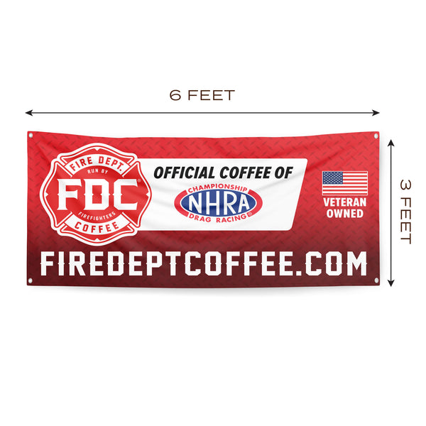 A red banner featuring Fire Department Coffee as the Official Coffee of the NHRA.