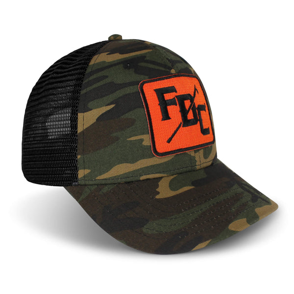 A 3/4 angle image of the Pike Pole Camo Hat featuring a green camo design with a neon orange FDC Pike Pole logo.