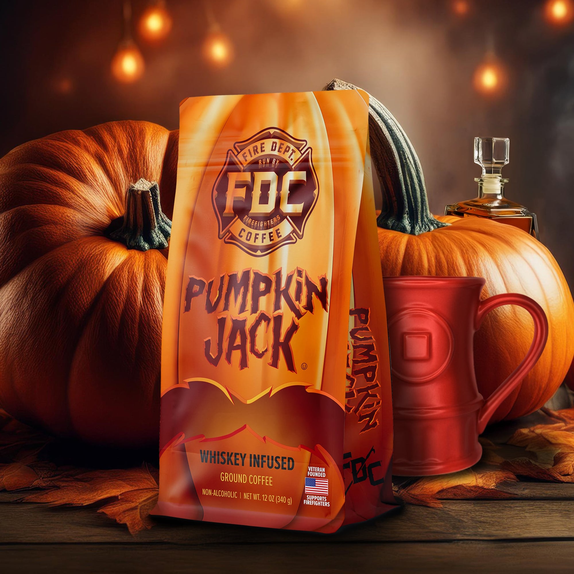 A bag of Pumpkin Jack Whiskey Infused Coffee