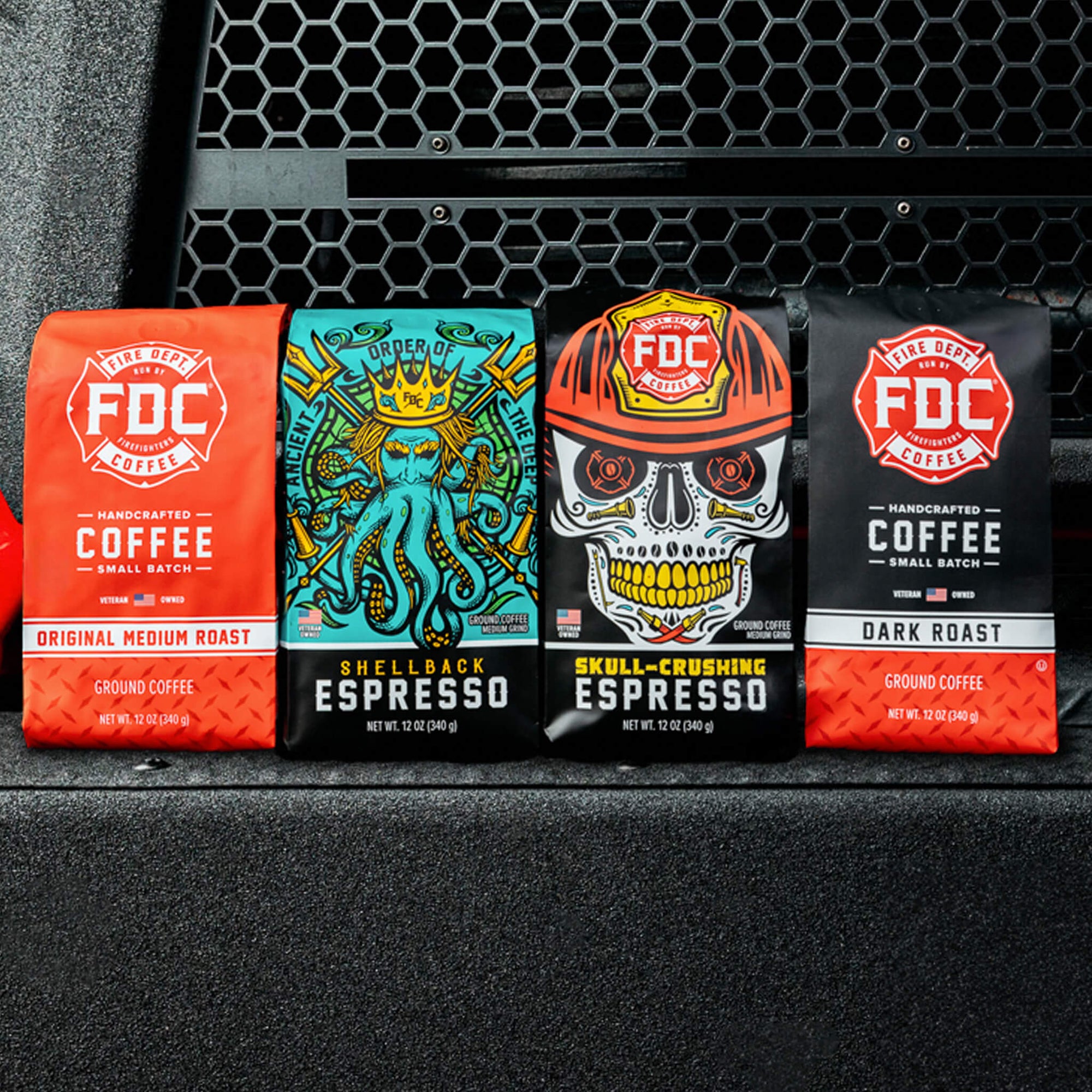 4 bags of Fire Department Coffee that includes the Original Medium Roast, Dark Roast, Shellback Espresso, and Skull Crushing Espresso.