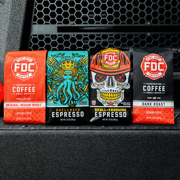 4 bags of Fire Department Coffee that includes the Original Medium Roast, Dark Roast, Shellback Espresso, and Skull Crushing Espresso.