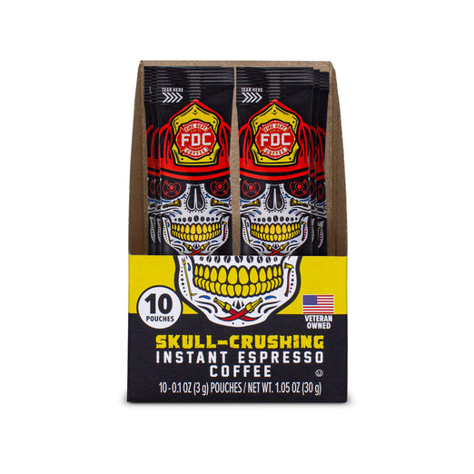 An open carton of Skull Crushing Instant Espresso Coffee.