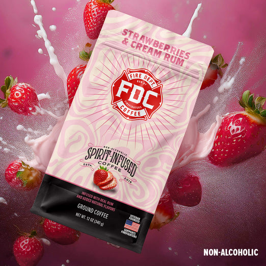 A 12oz bag of Strawberries and Cream Rum Infused Coffee  in front of a strawberry and cream background.