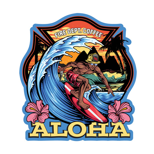 This sticker features a Hawaii firefighter surfing a wave with text below that reads, ”Aloha”.