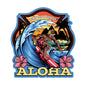 This sticker features a Hawaii firefighter surfing a wave with text below that reads, ”Aloha”.