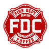 A red Fire Department Coffee patch