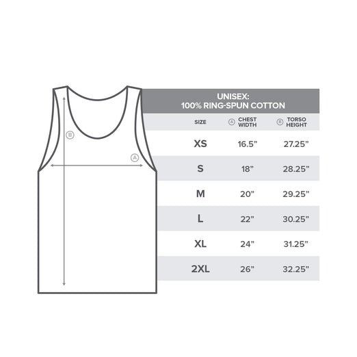 A sizing chart for the Fire Department Coffee Red Tank Top.