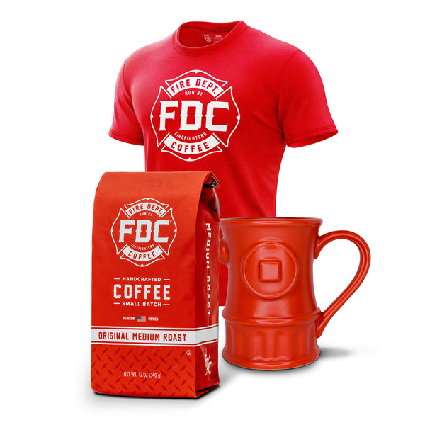 The Original Bundle, containing a bag of our Original Medium Roast Coffee, a Hydrant Mug, and our Fire Department Coffee Red Shirt.