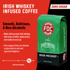 A bag of Irish Whiskey Infused Coffee. Text reads, "Irish Whiskey Infused Coffee. Smooth, Delicious, & Non-Alcoholic. Zero Sugar. Made with premium Irish whiskey with notes of toffee, butterscotch, and vanilla in every sip. Your support fuels our mission to give back to sick and injured firefighters" There is a slider indicating a high level of smoothness.