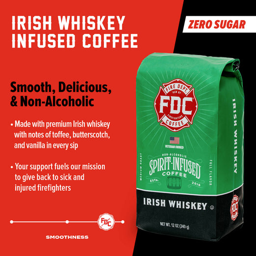 A bag of Irish Whiskey Infused Coffee. Text reads, ”Irish Whiskey Infused Coffee. Smooth, Delicious, & Non-Alcoholic. Zero Sugar. Made with premium Irish whiskey with notes of toffee, butterscotch, and vanilla in every sip. Your support fuels our mission to give back to sick and injured firefighters” There is a slider indicating a high level of smoothness.