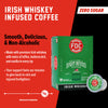 A box of Irish Whiskey Infused Coffee Pods. Text reads, "Irish Whiskey Infused Coffee. Smooth, Delicious, & Non-Alcoholic. Zero Sugar. Made with premium Irish whiskey with notes of toffee, butterscotch, and vanilla in every sip. Your support fuels our mission to give back to sick and injured firefighters" There is a slider indicating a high level of smoothness.