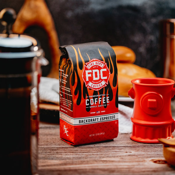 A five pound package of Fire Dept. Coffee's Backdraft Espresso Wholesale Coffee Roast.