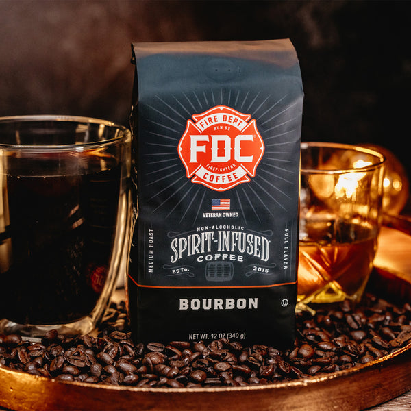 Fire Dept. Coffee's 12 ounce Bourbon Infused Coffee in a rectangular package.