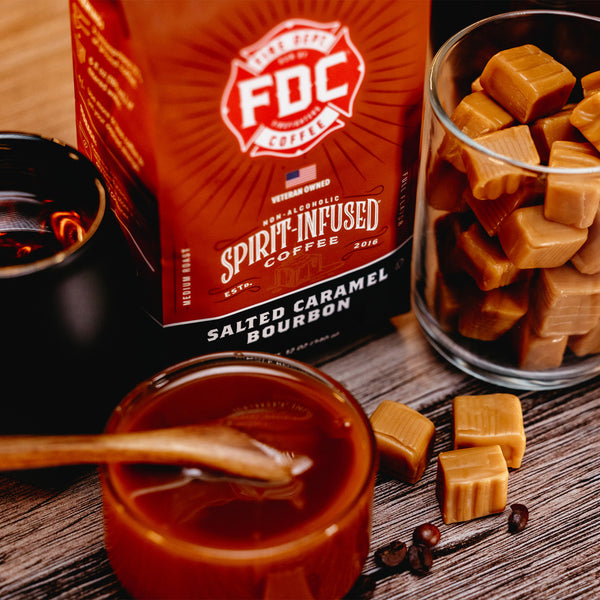 Fire Dept. Coffee's 12 ounce Salted Caramel Bourbon Infused Coffee in a rectangular package.