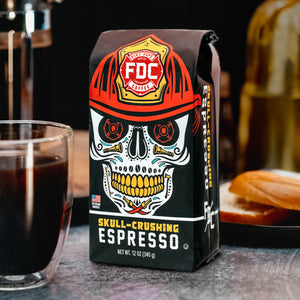 A 12-ounce package of Fire Department Coffee's Skull-Crushing Espresso Roast.