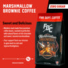 A bag of Marshmallow Brownie Coffee. Text reads, "Marshmallow Brownie Coffee. Sweet and Delicious. Zero Sugar. Medium roast made from premium coffee beans, roasted to perfection with natural flavors of rich chocolate and sweet, toasted marshmallows. Your support fuels our mission to give back to sick and injured firefighters" There is a slider indicating a high level of smoothness.