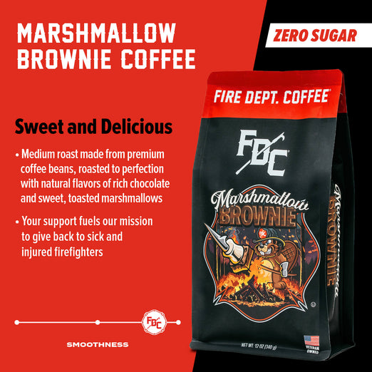 A bag of Marshmallow Brownie Coffee. Text reads, ”Marshmallow Brownie Coffee. Sweet and Delicious. Zero Sugar. Medium roast made from premium coffee beans, roasted to perfection with natural flavors of rich chocolate and sweet, toasted marshmallows. Your support fuels our mission to give back to sick and injured firefighters” There is a slider indicating a high level of smoothness.