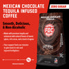 A bag of Mexican Chocolate Tequila Infused Coffee. Text reads, "Mexican Chocolate Tequila Infused Coffee. Smooth, Delicious, & Non-Alcoholic. Zero Sugar. Made with premium tequila and  enhanced with natural flavors of warm spices, rich cocoa, and a touch of agave. Your support fuels our mission to give back to sick and injured firefighters" There is a slider indicating a high level of smoothness.