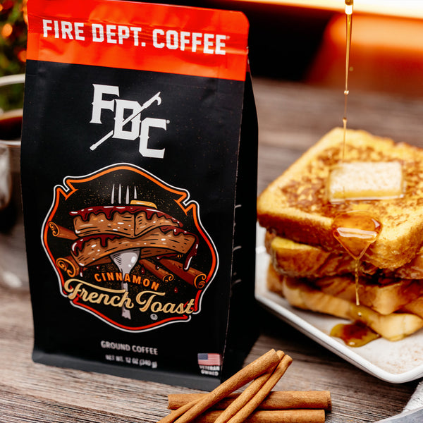 A 12 oz bag of Cinnamon French Toast Coffee from Fire Department Coffee.