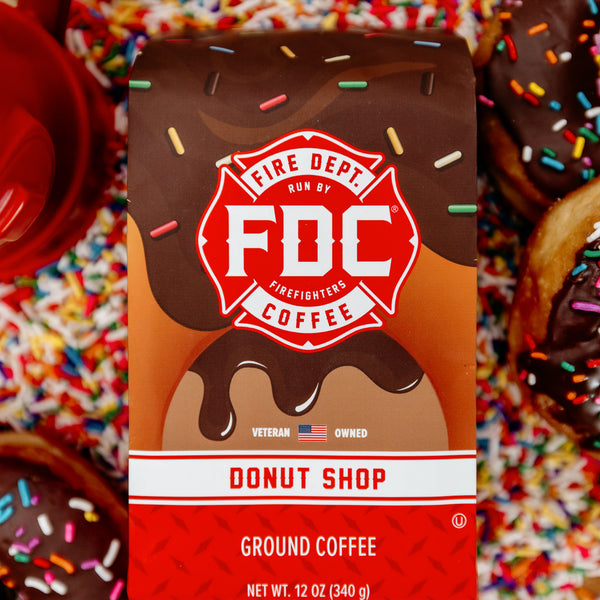 A 12 ounce package of Fire Department Coffee's Donut Shop Coffee.