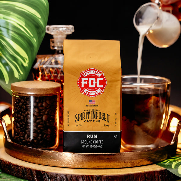 Fire Dept. Coffee's 12 ounce Rum Infused Coffee in a rectangular package.