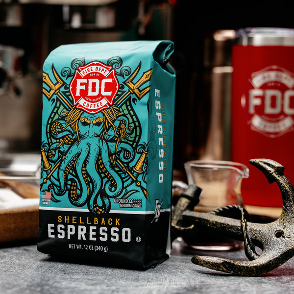 A 12-ounce package of Fire Department Coffee's Shellback Espresso Roast.