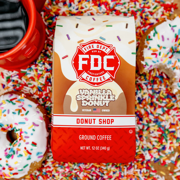 Fire Dept. Coffee's 12 ounce Vanilla Sprinkle Donut Shop Coffee in a rectangular package