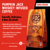 A bag of Pumpkin Jack Whiskey Infused Coffee Pods. Text reads, "Pumpkin Jack Whiskey Infused Coffee. Smooth, Delicious, & Non-Alcoholic. Zero Sugar. Made with premium whiskey and  enhanced with natural flavors of cinnamon, warm spices, vanilla, and pumpkin. Your support fuels our mission to give back to sick and injured firefighters" There is a slider indicating a high level of smoothness.