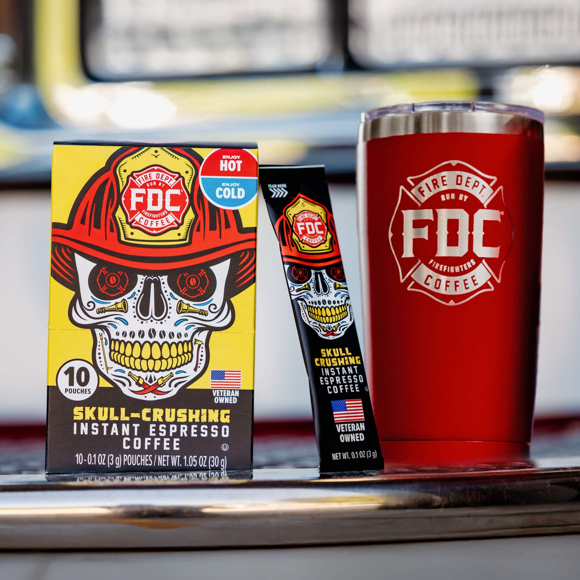 The On The Go Bundle featuring Skull-Crushing Instant Espresso Coffee and a 20oz FDC Red Tumbler.