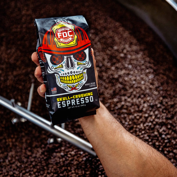 A 5 pound package of Fire Department Coffee's Skull-Crushing Espresso Roast.