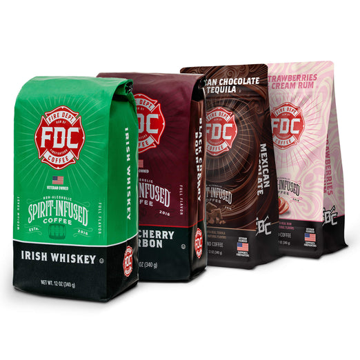 The Spirit Infused Coffee Bundle containing Irish Whiskey Infused Coffee, Black Cherry Bourbon Infused Coffee, Strawberries and Cream Rum Infused Coffee, and Mexican Chocolate Tequila Infused Coffee.