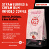 A bag of Strawberries and Cream Rum Infused Coffee. Text reads, "Strawberries and Cream Rum Infused Coffee. Smooth, Delicious, & Non-Alcoholic. Zero Sugar. Made with premium rum and  enhanced with natural flavors of sweet strawberries, rich vanilla, and smooth cream. Your support fuels our mission to give back to sick and injured firefighters" There is a slider indicating a high level of smoothness.