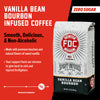 A bag of Vanilla Bean Bourbon Infused Coffee. Text reads, "Vanilla Bean Bourbon Infused Coffee. Smooth, Delicious, & Non-Alcoholic. Zero Sugar. Made with premium bourbon and natural flavors of sweet vanilla. Your support fuels our mission to give back to sick and injured firefighters" There is a slider indicating a high level of smoothness.