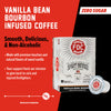 A box of Vanilla Bean Bourbon Infused Coffee Pods. Text reads, "Vanilla Bean Bourbon Infused Coffee. Smooth, Delicious, & Non-Alcoholic. Zero Sugar. Made with premium bourbon and natural flavors of sweet vanilla. Your support fuels our mission to give back to sick and injured firefighters" There is a slider indicating a high level of smoothness.