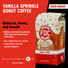 A bag of Vanilla Sprinkle Donut Coffee. Text reads, "Vanilla Sprinkle Donut Coffee. Balances, Sweet, and Smooth. Zero Sugar. Medium roast made from premium coffee beans with added natural vanilla flavor. Your support fuels our mission to give back to sick and injured firefighters" There is a slider indicating a high level of smoothness.